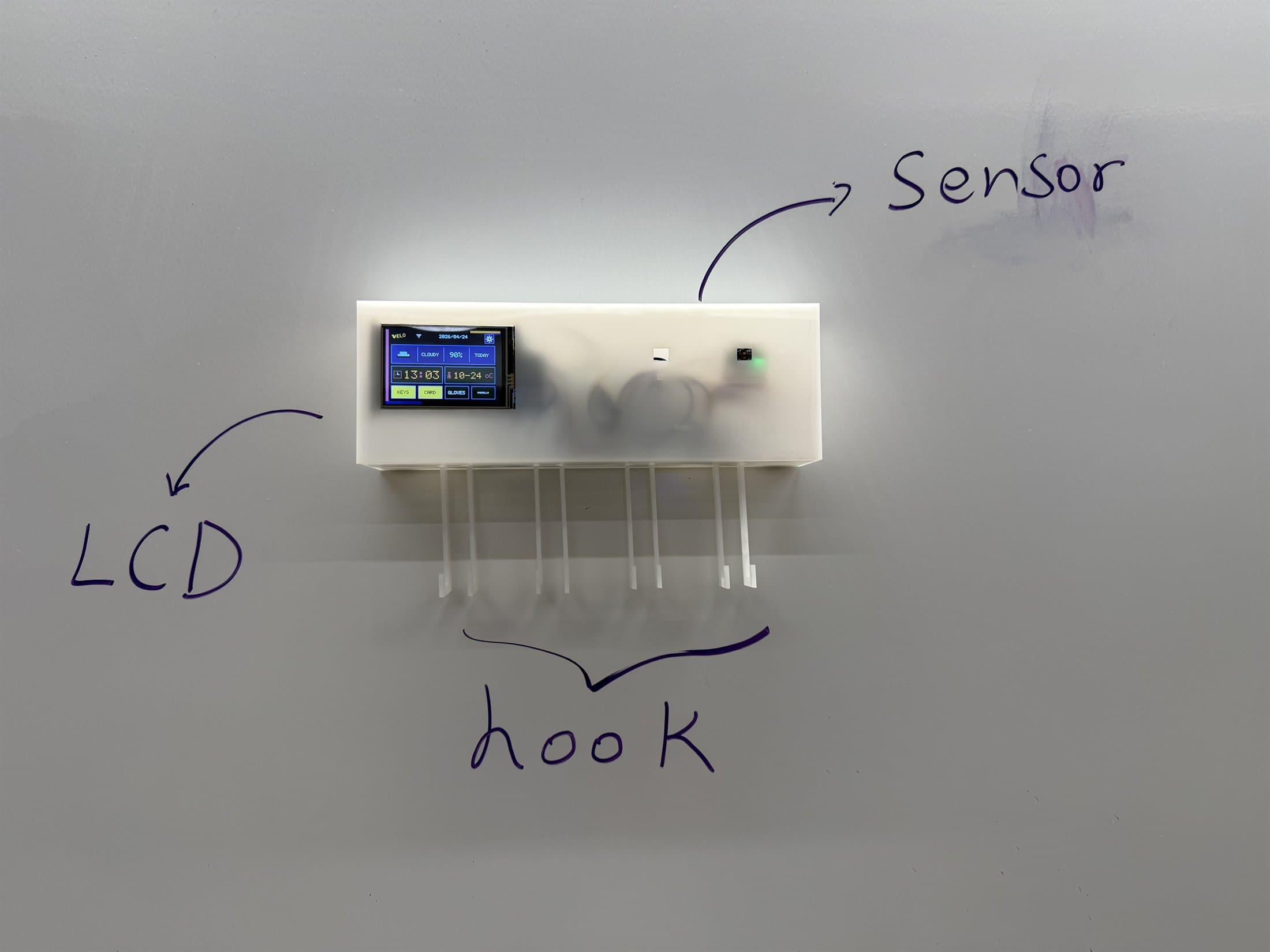 Velo installed on a whiteboard with simple labels marking the physical reminder system.