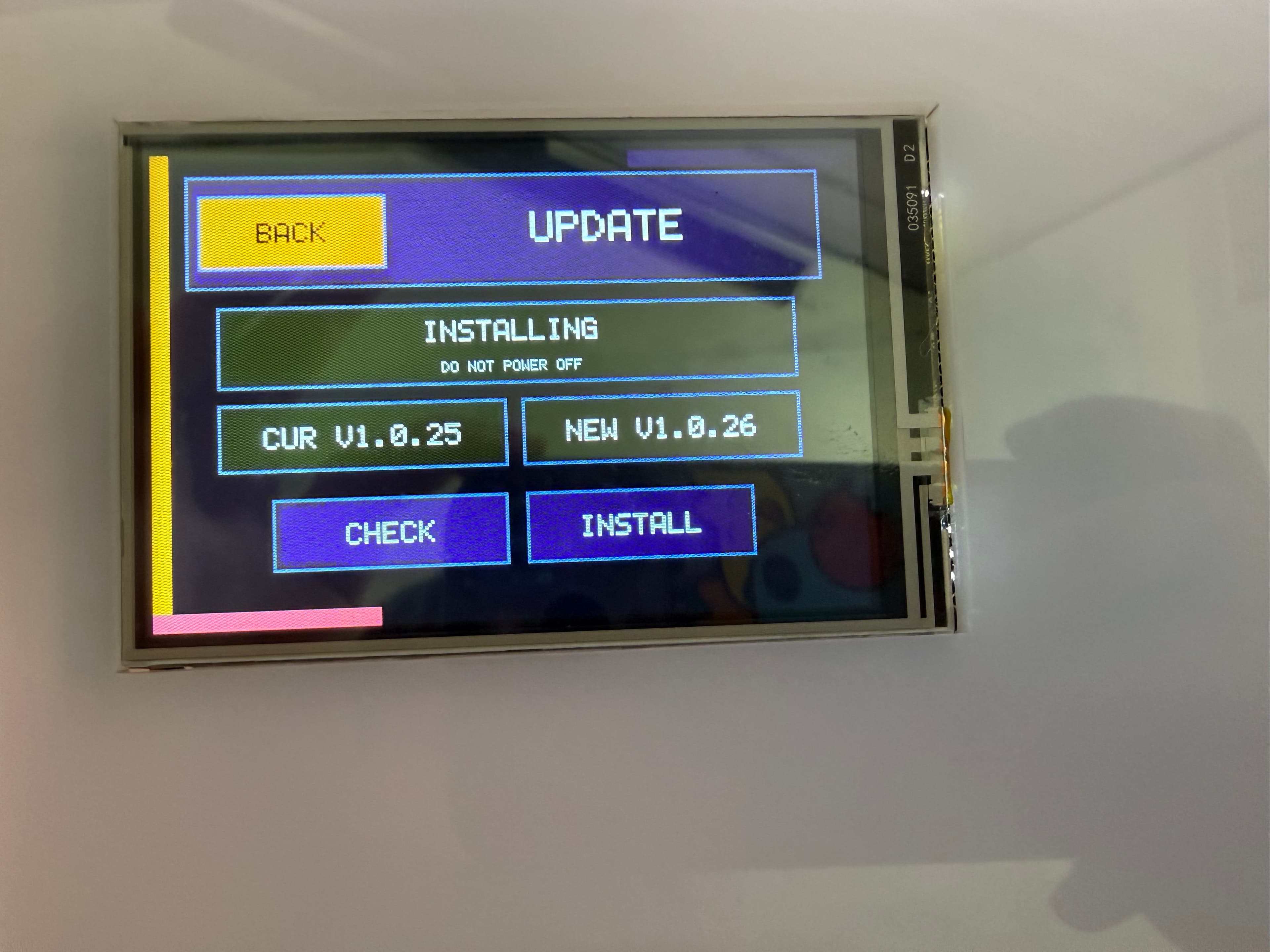 Velo update screen showing V1.0.26 installing from V1.0.25.