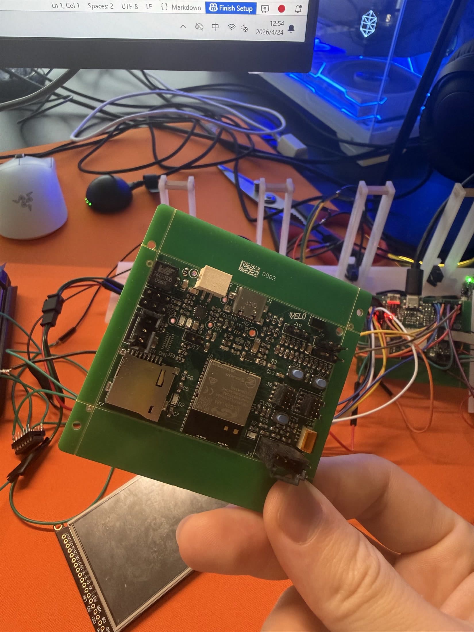 Velo custom PCB photographed as a complete board.