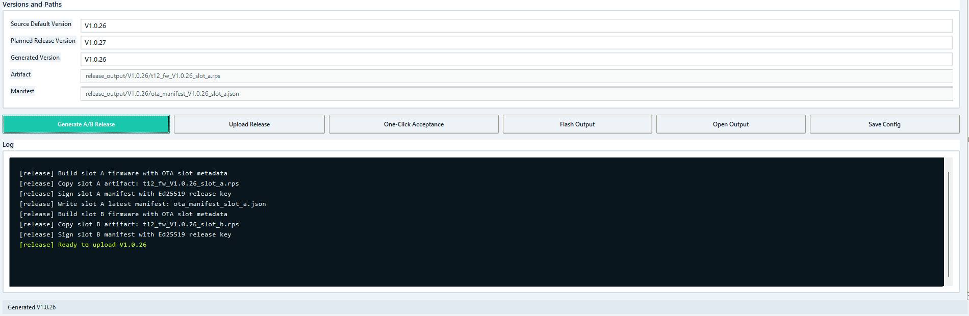 Velo OTA Release Tool log after generating V1.0.26 A/B release files.