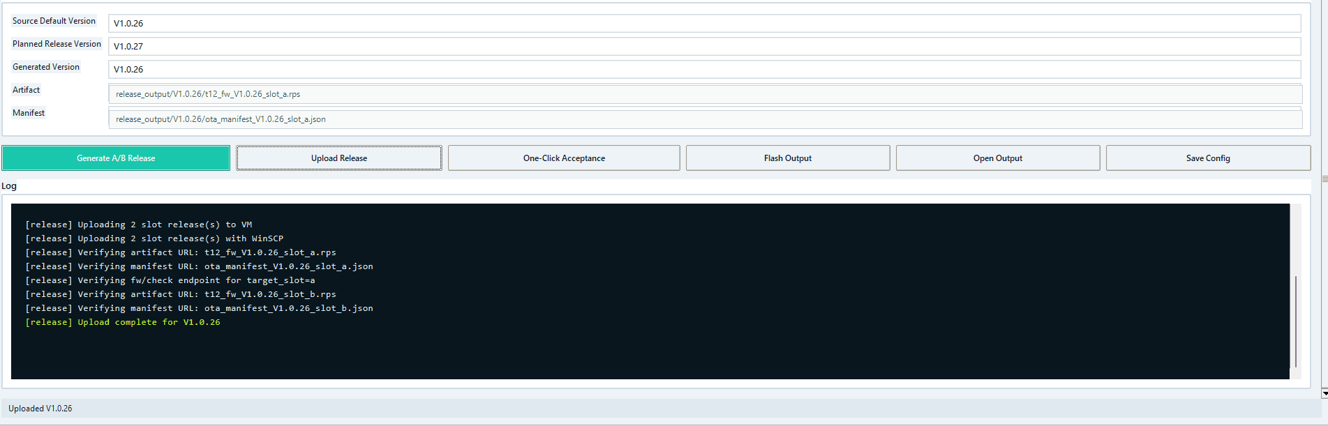 Velo OTA Release Tool log after uploading V1.0.26 release files to the VM.